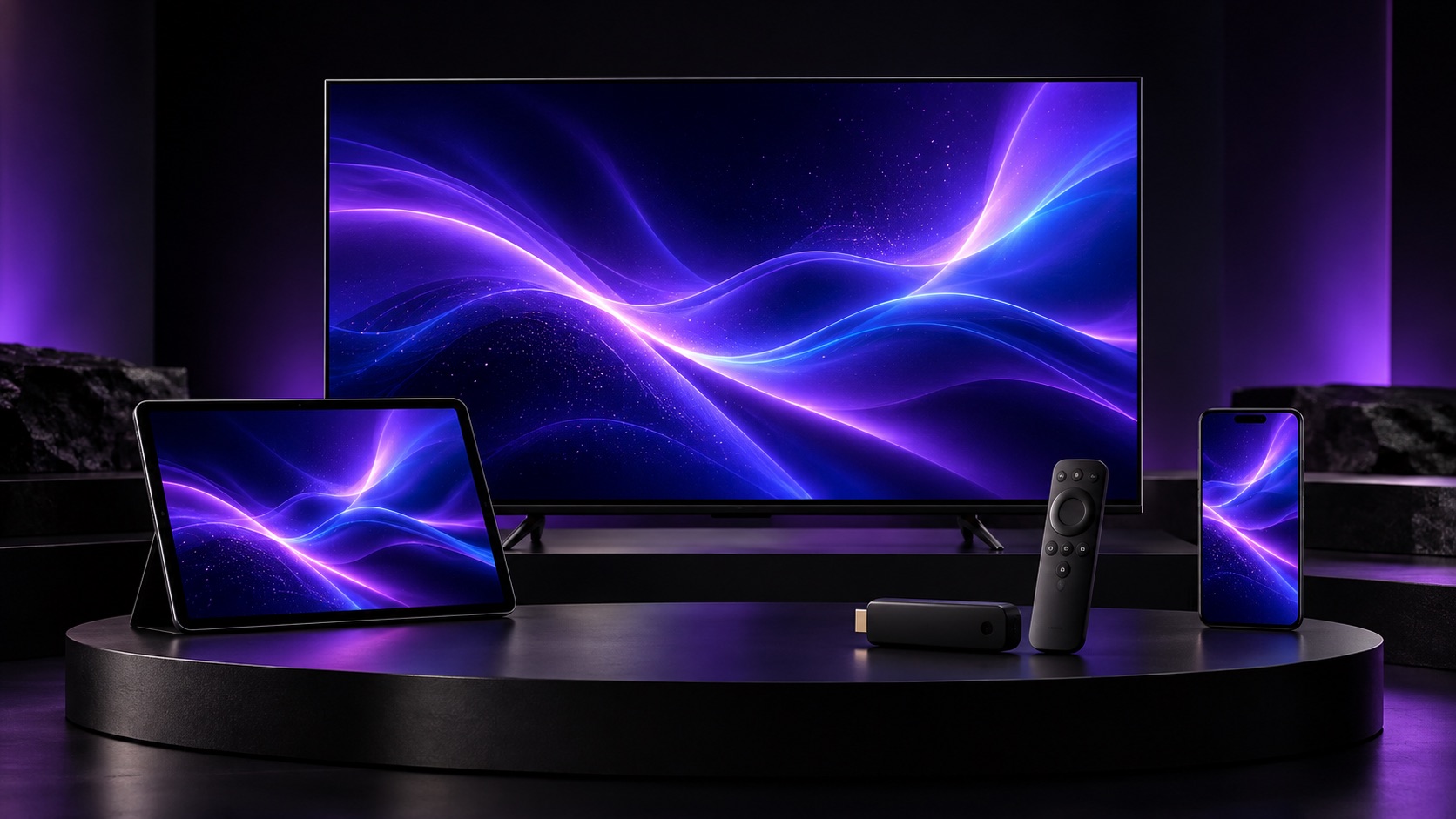 Illustrative Kombination aus Fernseher, Tablet, Smartphone und Streaming-Stick